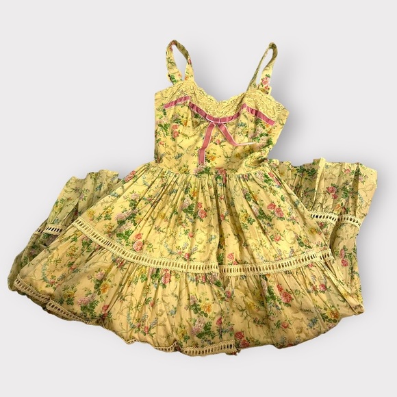 Kitten D’Amour Cottage Core, Fairy, Yellow Floral, Pink Lace Bow Dress - Picture 4 of 10